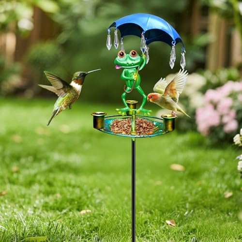 Vogeltränke Stehend Winterfest, Metall Vogelfutterspender mit Frosch Figur, Vogelbad für Draußen Garten, Vogelbecken Wassertränke,Vogelfutterhaus Mit Erdspieß, Vogelbad Garten Stehend für Wildvögel