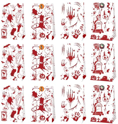 Halloween Blutige Handabdruck Süßigkeitstüte 12 Stück Horror blutiges Thema Süßigkeiten Papiertasche mit 12 Stück Eyeball Muster Runde Aufkleber Für Halloween Party Dekorationen
