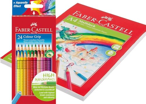 Faber-Castell 112424 Colour Grip Buntstifte für Kinder, 24er-Buntstifte-Set, Malstifte mit Grip und dreieckigem Schaft, wasserlöslichen Pigmenten (24 Stück + 100 Blatt Malblock)