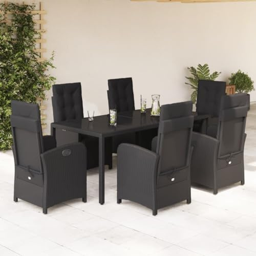 Bucmath 7-TLG. Garten-Essgruppe Schwarz, verstellbare Rattan Sessel mit Kissen, 190x90cm Outdoor Tisch aus Hartglas, wetterfestes Poly Rattan Balkonmöbel Set