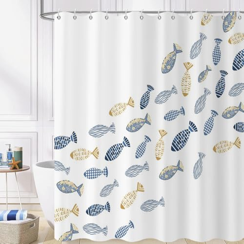 GCIREC Rideau de Douche, 120x200cm, Minimalisme Côtier Nautique à Motif de Poisson en Or Bleu Tissu Imperméable Rideau de Salle de Bain Lavable en Machine avec Crochets