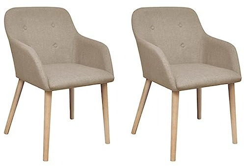 Foknhdi 2er Set Esszimmerstühle Beige Stoff & Eiche massiv 52x57x76,5 cm Armlehnstuhl gepolstert für Esszimmer Küche Wohnzimmer und Arbeitszimmer