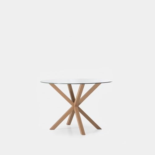 KLAST Table de Salle à Manger Ronde Aras, Plateau en Verre Trempé, Pieds en Métal Finition Bois Naturel, Style Élégant Intemporel, Accepte 6 Personnes, Dimensions 75 x 110 Cm.