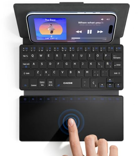 CACOE Mini tastiera Bluetooth con touchpad per cellulare, ultra sottile, portatile, pieghevole, tastiera QWERTY a doppio canale, con supporto per smartphone e altri iOS, Android, Windows, colore nero
