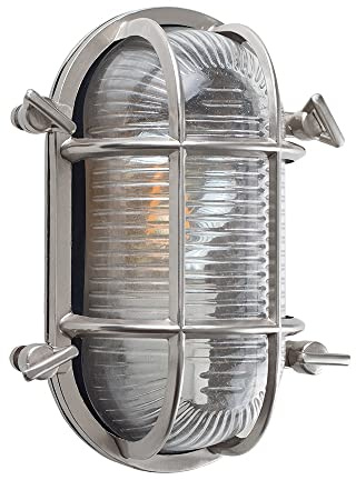 MiniSun | Modern IP64 Rated Oval Nautical Frosted Lens & Polished Aluminium Metal Outdoor Wall Light Complete with a 4w LED Filament Bulb | Outdoor Lights & Home/Garden Essential | Mains Wired