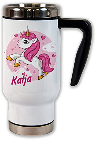 Unikatolo Thermobecher personalisiert mit Einhorn & Name, Isolierbecher individuell bedruckt, Coffee to go Becher, Edelstahl Thermo-Tasse, weiß, für Frauen, Kinder, Heiße Schokolade, Tee