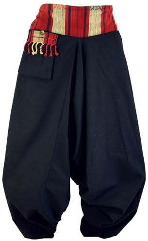 Haremshose, Thai Pluderhose, Goahose mit Webbund und Fransentasche | 100 % Baumwolle, weite Passform, elastischer Bund, kleine Tasche, Orient Style