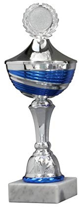 Henecka Pokal Serie Nikita, Silber-blau, mit Wunschgravur, individuellem Sport-Emblem, wählbar in 10 Größen, oder als 10er-Serie