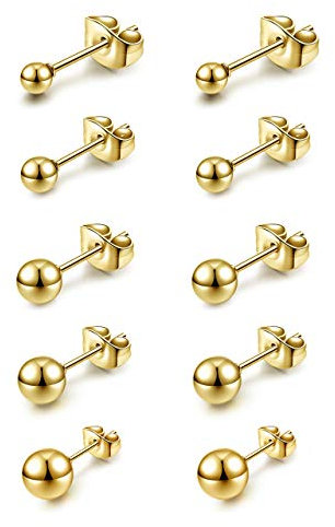 JOVIVI Gold Stud Earrings for Women Girls, 5 Pairs Stainless Steel Round Ball Stud Earrings Set, Hypoallergenic Barbell Earring Ear Studs Men Jewellery,Size: 3, 4, 5, 6, 8mm