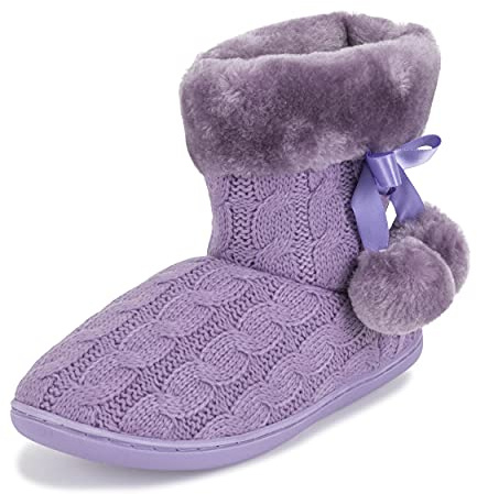 Polar Womens Memory Foam Pom Pom Winter Faux Fur Luxury Plush Cosy Anti Slip Indoor Outdoor Slippers - Purple Knitted - 7 - YC0810_7