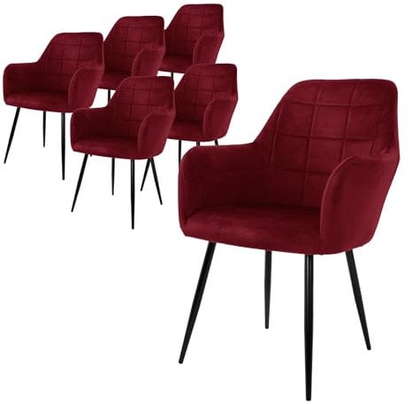 ECD Germany 6er Set Esszimmerstühle mit Rücken- und Armlehnen, Bordeaux, Küchenstühle mit Samtbezug, Polsterstühle mit Metallbeinen, Ergonomische Stühle für Esstisch, Wohnzimmerstühle Esszimmerstuhl