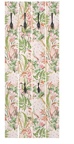 Wandgarderobe Holz - Rosa Kakadus mit Blumen - Haken schwarz 100 x 40cm