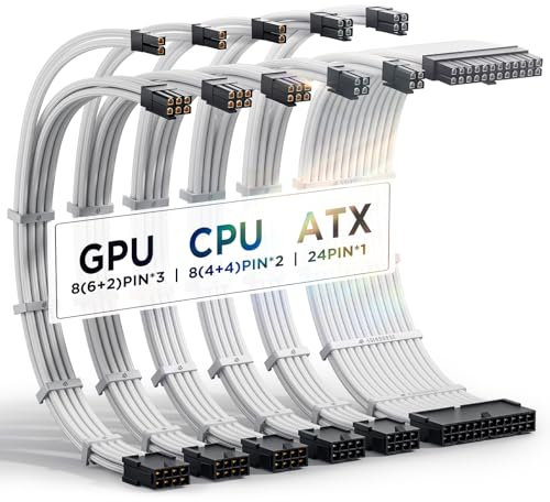 AsiaHorse Actualización 16AWG PSU Cable Extension, PC Kit de Cables para GPU/CPU, Extensiones de Cable de alimentación con peines de Cable, 24PIN/(6+2) Pin/(4+4) Pin, 30CM, Blanco