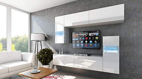 Furnitech Future C31 Wohnwand Mediawand mit Led Beleuchtung Möbel Schrankwand Wohnzimmer Wandschrank (LED weiß, C31/HG/W2 1B)