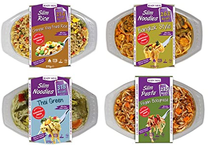 Slim Noodles, Slim Rice Chilled Meals Pack of 4 Thai Green Noodles | Bangkok Style Noodles | Chinese Vegetarian Fried Rice | Vegan Spaghetti Bolognese | Low Calorie, 370g x 4 Ready to Eat Meal