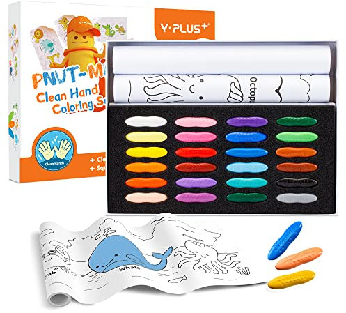 YPLUS Erdnuss Buntstifte Set für Kinder, Kunst Fall mit 24-Farben Buntstifte und Wandaufkleber Papierrollen, ungiftige Kleinkind Färbung Zubehör für Geschenk