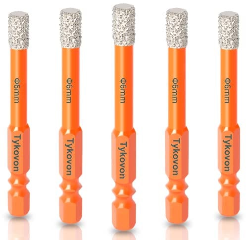 Tykovon 5 Pcs 6mm Diamond Drill Bits, Porcelain Tile Drill Bit, Hex Shank Diamond Dry Drill Bits Sets for Granite, Ceramic, Marble, Tile Stone, Glass, Hard Materials
