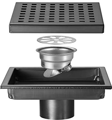 Yalsfowe Caniveau de douche en acier inoxydable, Drain de douche carré 150 x 150 mm, bonde douche avec grille amovible, passoire à cheveux, siphon de sol anti-odeurs,Gun grey