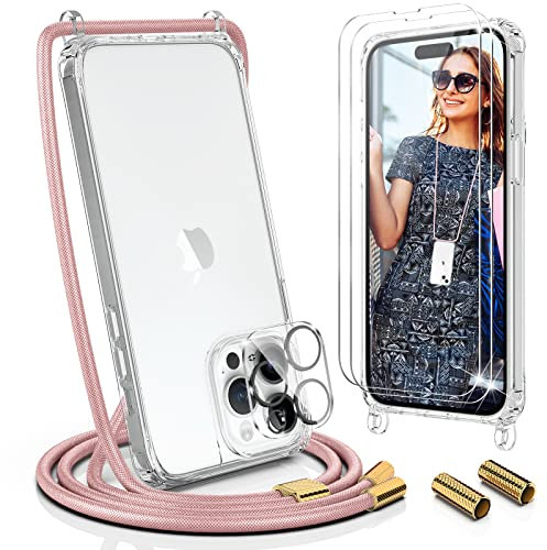 UYMO Handykette Hülle mit Band Für iPhone 14 Pro Max 6.7 - mit 2 Stück Schutzfolie & kameraschutz, Necklace Transparent Handyhülle Case mit Schnur Abnehmbar, Schutzhülle zum Umhängen Kordel, Roségold