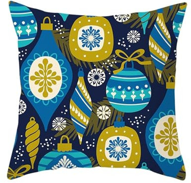 Epinki Kissenbezug Weihnachten 50x50cm, Weihnachtskugel Motiv Zierkissenbezüge Polyester Weich Bequem, Quadratische Kissenhülle für Sofa Schlafzimmer, Dunkel Blau Gelb