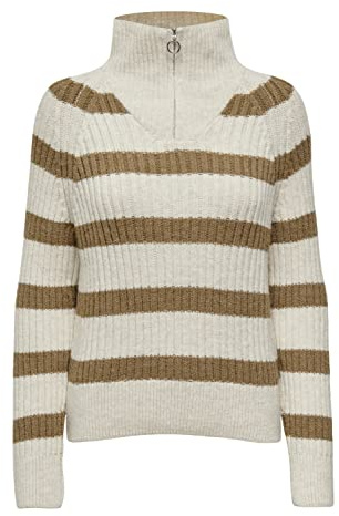 ONLY Women's Onlleise Freya Ls Zip High Neck KNT Noos Sweater, Birch/Stripes:w.Tannin Mel, XL
