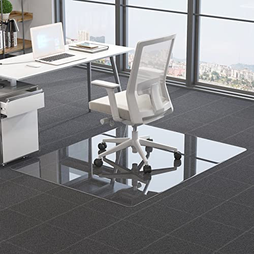 CASSILANDO Glass Office Chair Mat for Carpet, 90 x 115cm Tempered Glass Office Mat for Carpeted or Hardwood Floors, Computer Floor Protector Mat, Effortless Rolling, Easy to Clean