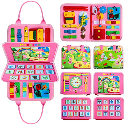 Achiyway Busy Board Montessori Bébé 1-4 Ans, Jouet Fille Rose Flamant, Livre Enfant Éducatif Horloge Alphabet Animaux, Quiet Book Sensoriel, Cadeau Bébé Fille