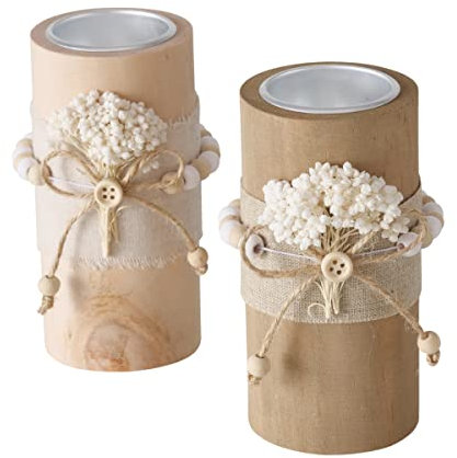 2 Stk Teelichthalter HOLZ natur braun mit Trockenblumen Bouqet Hochzeitsdeko Tischdeko Kerzenhalter Boho Romantik Naturdeko Beige creme weiss Hochzeit Tischschmuck Strand Blumen
