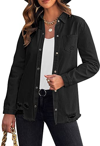 Roskiky Womens Button Down Denim Shirt Ripped Chambray Denim Trucker Jackets Western Shacket Jackets Black Jean Jackets for Women Vintage Black Size Medium Fits UK Size 12 to UK Size 14