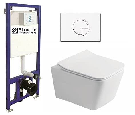 Juego completo de inodoro sin bordes, asiento de cierre suave, cisterna, cisterna, cisterna de cerámica, cisterna empotrada, juego de inodoro de pared, color blanco/negro + placa pulsador (SD 1,