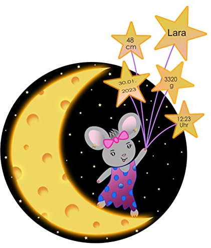 Wandtattoo Wandsticker personalisiert für Kinderzimmer Babyzimmer Maus im Mond mit Wunschname und Geburtsdaten von euren Baby (L)