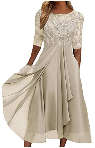 Azruma Maxikleid Damen Sommer Ballkleider Lang Leinenkleider Damen Elegant Chiffon Patchwork Spitze Hollow Out Einfarbig Lange Abendkleider FüR Hochzeit Kleider Elegant FüR Hochzeit (Beige, XL)