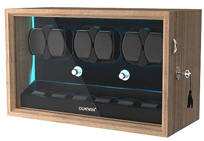 DUKWIN Watch Winder for 6/8 Automatic Watches, Lockable Automatic Winders with Extra 6/4 Watch Storages, 4 Rotation Modes, Flexible Watch Pillows, Quiet Mabuchi Motor and Blue Backlight