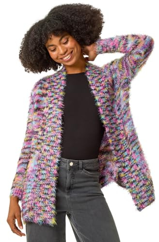 Roman Women Fluffy Cardigan Ladies Winter Cardi Longline Edge to Edge Ombre Coatigan Casual Sparkly Glittery Jacket Knitwear Knitted Autumn Fleecy Cosy Soft Coats - Purple Blue - Size 12