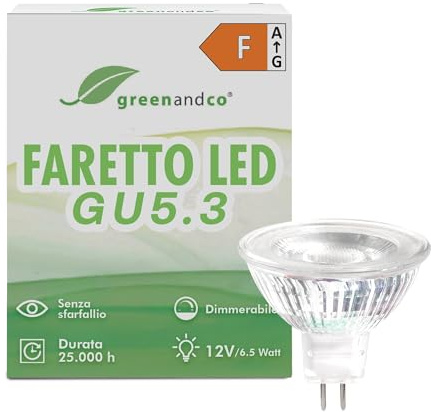 greenandco GU5.3 LED Spot 12V dimmbar, 3000K, 6.5W 510lm, CRI 90+ | GU 5.3 MR16 COB LED Spot warmweiß, ersetzt 45 Watt, 38° Abstrahlwinkel, hoher Farbwiedergabeindex (CRI>90), flimmerfrei