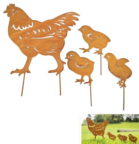 ZAHD 4 Stück Gartendeko Hühner Hühnerfamilie Roststecker Hühner Gartendeko Hühner niedlichen Metall Hühner Gartendeko Edelrost rostige Henne mit 3 Küken Roststecker Rost Metall wetterfest Garten (A)