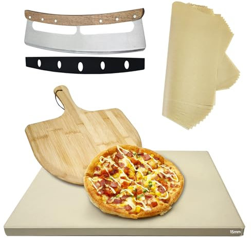 Rectangular Pizza Stone 4 Sets,12x15x0.59(OAK) Pizza Stone for Oven and Grill with Bamboo Pizza Peel, Pizza Cutter and 10pcs Cooking Paper,Grill Stone Baking Stone for Bread,BBQ,Grill
