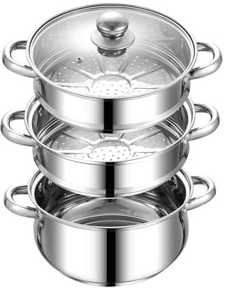 Bargain Shack Stainless Steel Steamers 3 Tier Induction Hob Steamer Food Vegetables Cooking Pot & Pan Set Idli Dumpling Momo Dhokla (24cm Steamer)