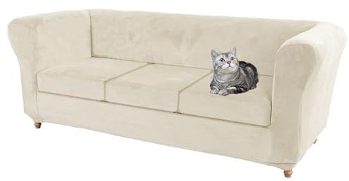 SYLC Samt Stretch Chesterfield Sofabezüge Couch Abdeckung Mit Sitzkissenbezug Sofa Überwürfe Geschwungene Settee Vintage Anti-Rutsch (Beige,Sofa+3 Small Seats)