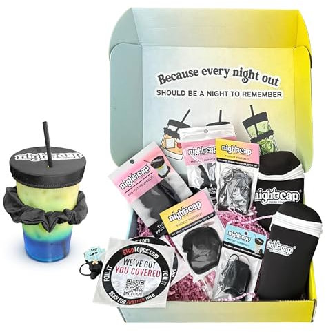 Night Cap College Safety Box – Das wiederverwendbare Haargummi zur Verhinderung von Getränken aus Hai – schützende Getränkeabdeckungen, Schlüsselanhänger, Bierflaschen-Top-Tasche, Strohhalm-Set und