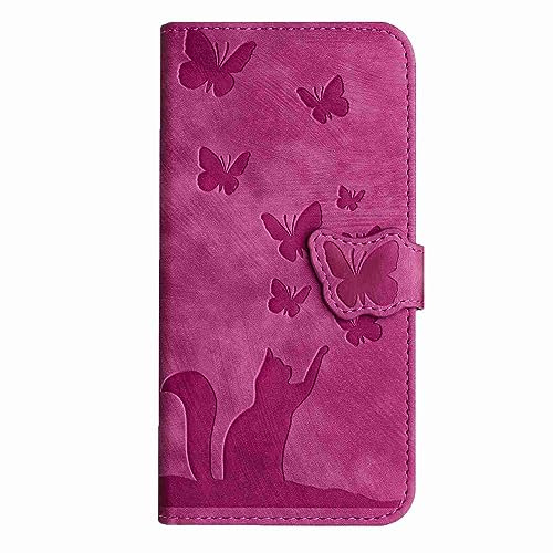 iPhone 12 Case, iPhone 12 Pro Case, Cat and Butterfly PU Leather Flip Wallet Protective Case with Card Slots Kickstand Magnetic Closure Shockproof Phone Case Cover for iPhone 12/ Pro, , Rose Red