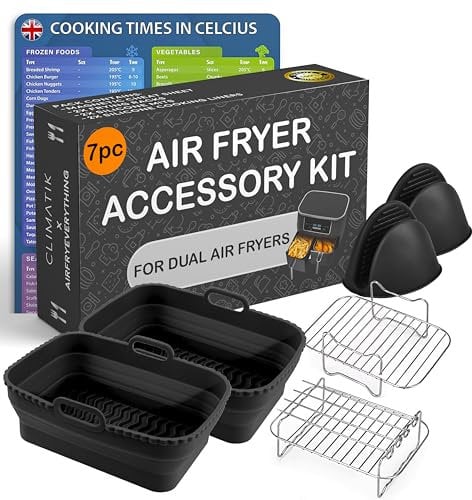 Climatik Premium Air Fryer Accessories Set for Dual Air Fryers | Ninja, Tower, Cosori, Salter, | Including x2 Air Fryer Racks, x2 Silicone Trays, x2 Silicone Mits, BBQ Skewers & Magnetic Cheat Sheet