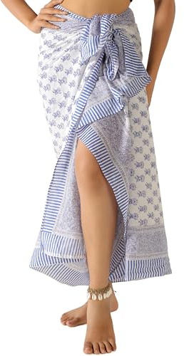 AUZURE 100% Cotton Sarong Cover Up for Women Indian Block Print Beach Wrap Skirt Long Boho Swimsuit Bikini Pareo (73” x 43”)