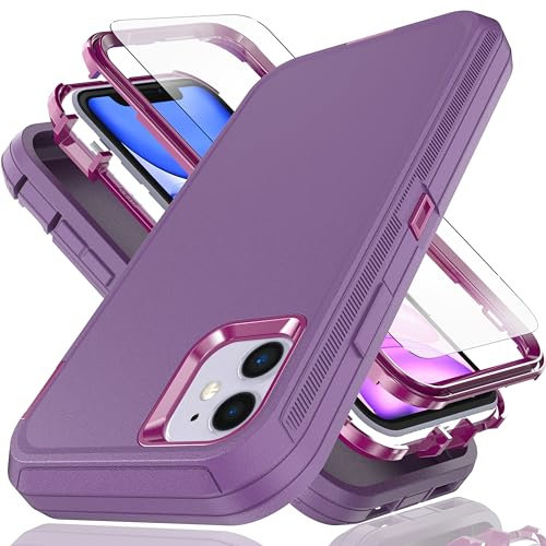 YmhxcY for iPhone 11 Case 6.1-Inch with Explosion-Proof Screen Protector,3 in 1 Shockproof TPU Hard PC Bumper Drop-Proof Shell for iPhone 11-Purple