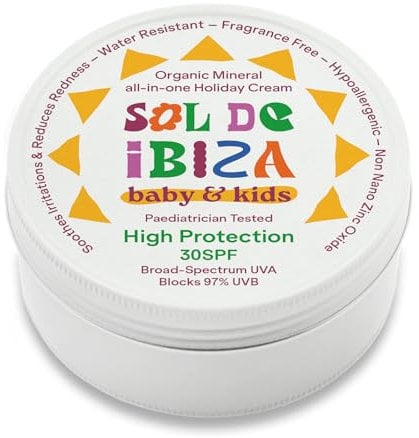 Sol De Ibiza Mineralischer Sonnenschutz SPF30 - Plastikfrei - Gesicht & Körper - Natürliche Zutaten - Nicht Nano-Zinkoxid - Vegan - Wasserfest - Erwachsene & Kinder - 100 g - Baby and Kids