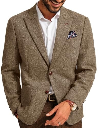 PJ PAUL JONES Blazer vintage en tweed à chevrons pour homme avec deux boutons en laine mélangée avec poche carrée