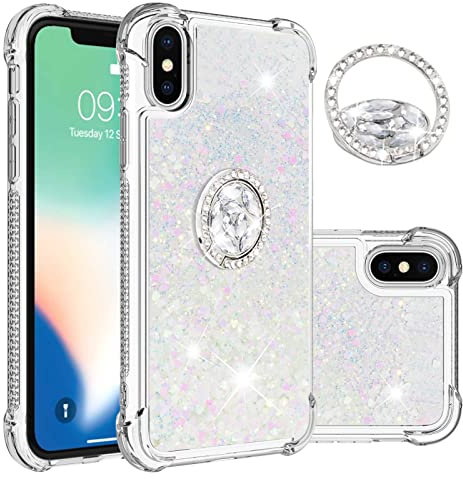IMEIKONST Glitter Case Compatible with iPhone XS Max with Ring Kickstand, Bling Sparkle Quicksand Liquid Slim Gel Silicone Shockproof Protective Cover for iPhone XS Max. Colorful YBZ