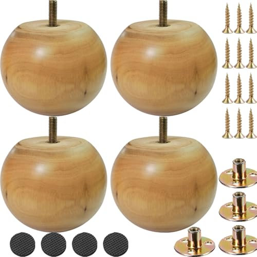 Jaswass 3 Inch Tall Wood Furniture Legs Round Bun Feet for Sofa Couch Cabinet Wooden Furniture Feet Soild Wood Replacement Bun Feet with Hardware Set of 4 (3.1 inch)