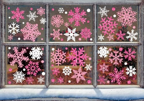 Whaline Glitzernde Schneeflocke, Winter-Fensteraufkleber, rosa-weiß, Schneeflocke, Weihnachts-Fensteraufkleber, wiederverwendbar, Fensterdekoration für Weihnachten, Frozen, Party, Zuhause, Schule