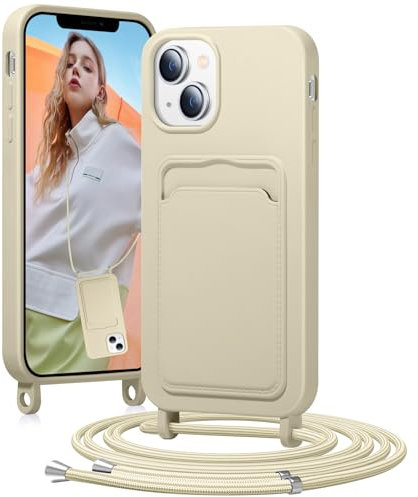 BENTIACC Handykette Silikon Hülle für iPhone 13/14 mit Band, Handyhülle mit Kartenfach, Abnehmbar Kordel Kette, Stoßfeste Schutzhülle für iPhone 13/14 (Beige)